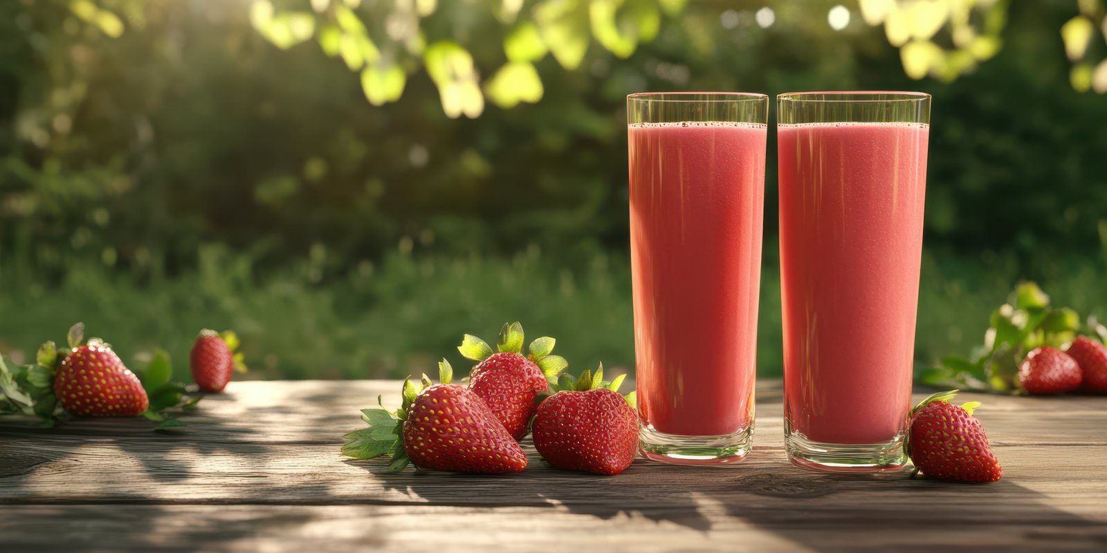 Refreshing strawberry smoothies on a sunlit wooden table surrounded by fresh strawberries